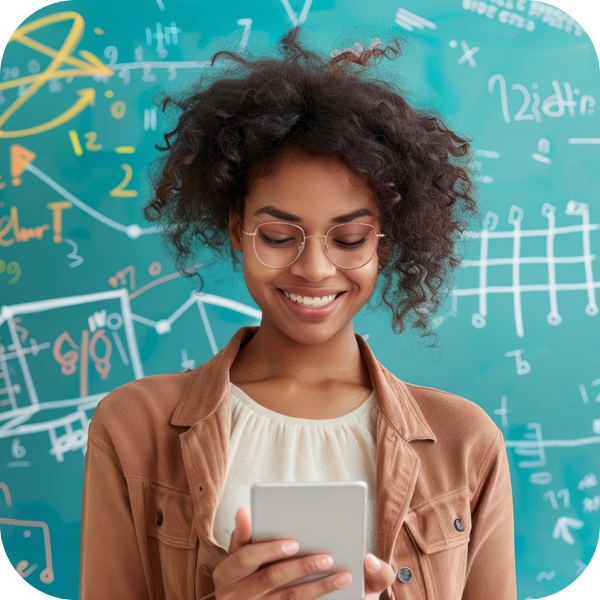 Teen looking at tablet in front a chalk board