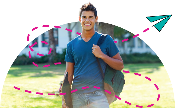 Student with backpack and skateboard